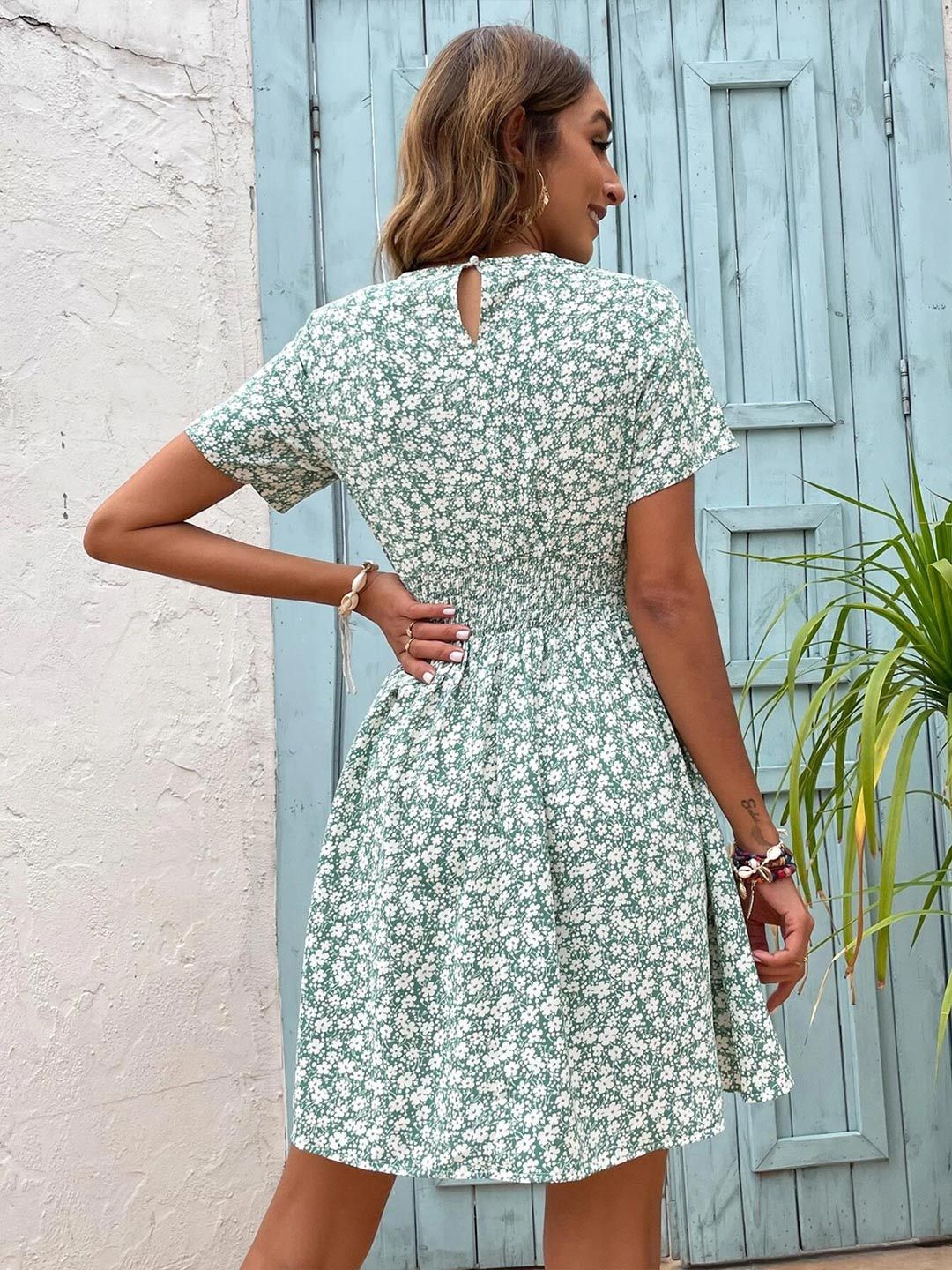 Kotty Blue Floral Printed Smocked Fit & Flare Dress