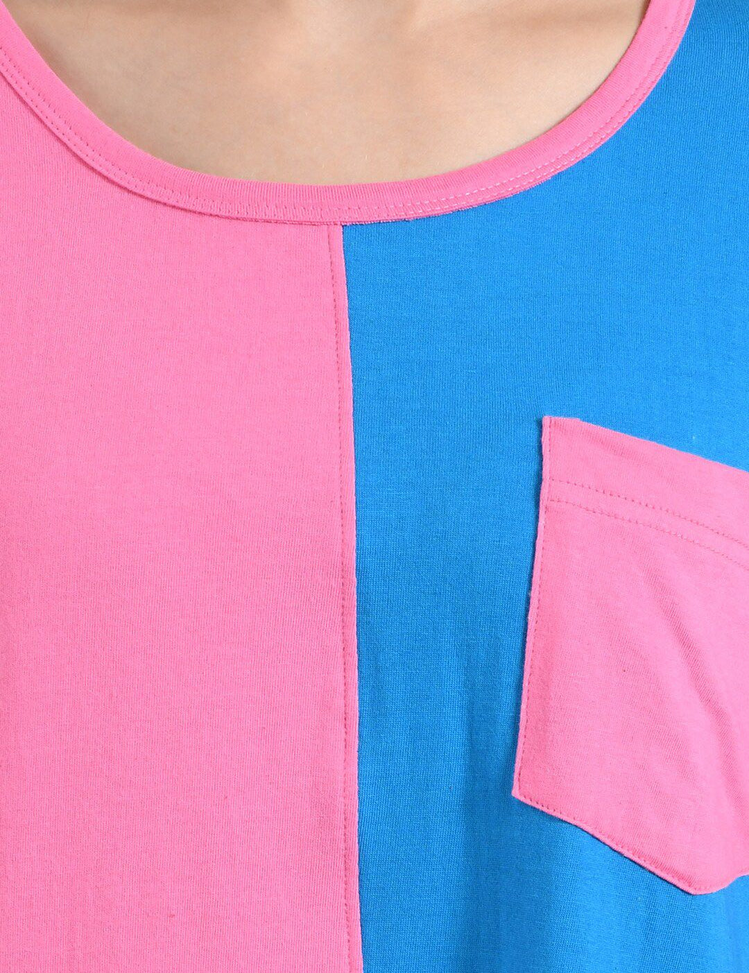 Kotty Women Pink & Blue Colourblocked Round Neck T-shirt