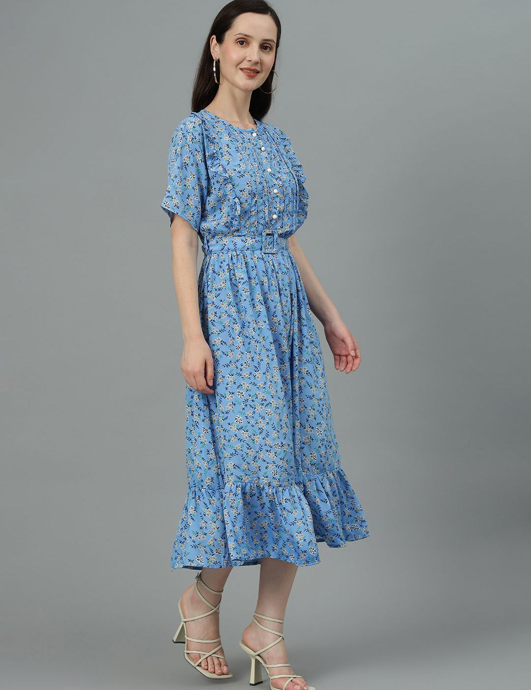 Kotty Blue Floral Printed Fit & Flare Midi Dress