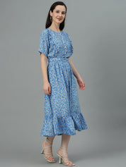 Kotty Blue Floral Printed Fit & Flare Midi Dress