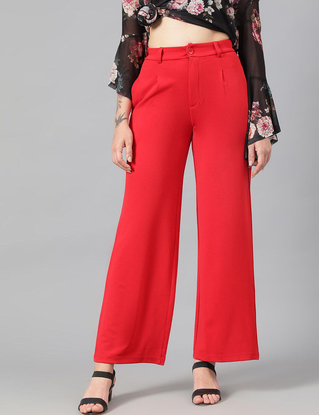 Kotty Women Red High-Rise Relaxed Wide Leg Straight Fit Easy Wash Trousers