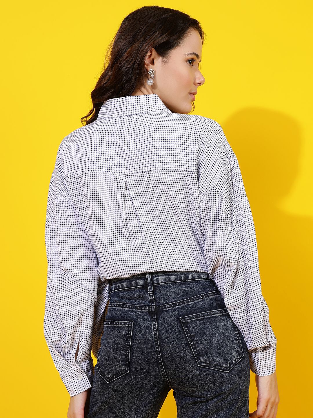 Kotty Women Comfort Spread Collar Micro Checked Cotton Oversized Casual Shirt