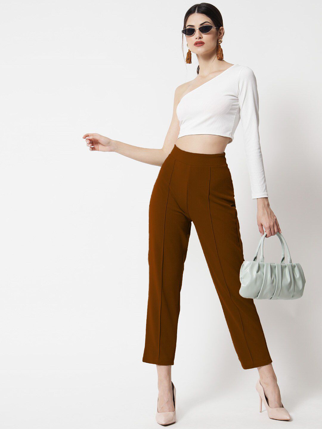 Kotty Women Brown Comfort Straight Fit High-Rise Easy Wash Trousers