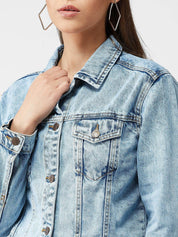Kotty Women Blue Solid Crop Denim Jacket