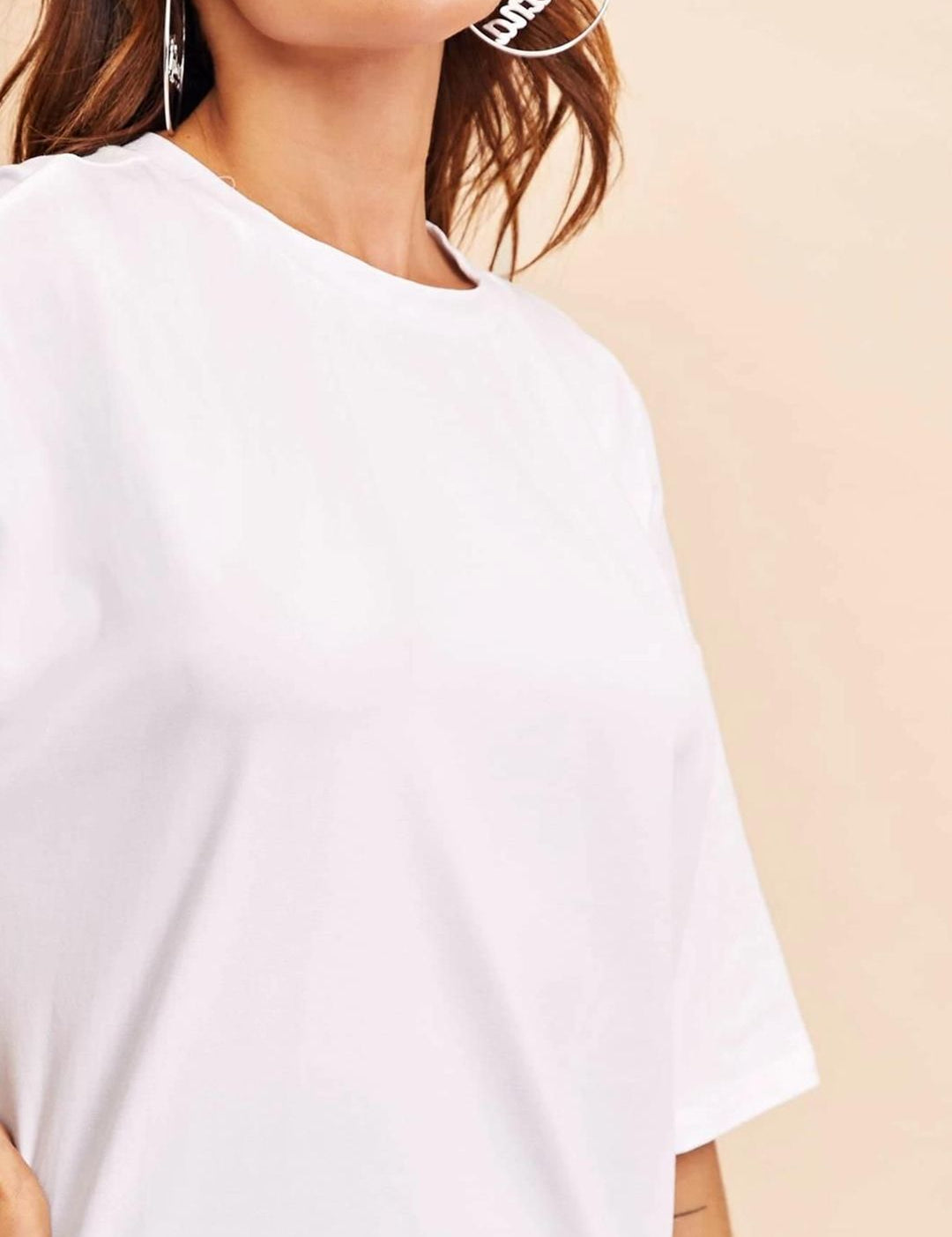 KOTTY Basics White Round Neck Drop-Shoulder Sleeves Cotton Longline Casual Oversized T-shirt