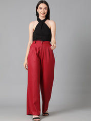 KOTTY BIZwear Women Maroon Relaxed Straight Leg Straight Fit High-Rise Easy Wash Pleated Trousers