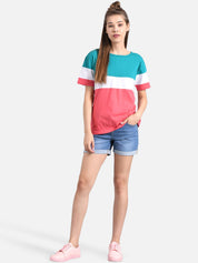 Kotty Women Teal Blue & Coral Pink Colourblocked Round Neck T-shirt