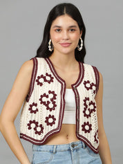 Kotty Floral Self Design Crochet V-Neck Crop Top