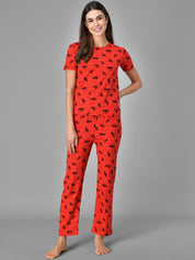 Kotty Women Red & Black Printed Night Suit