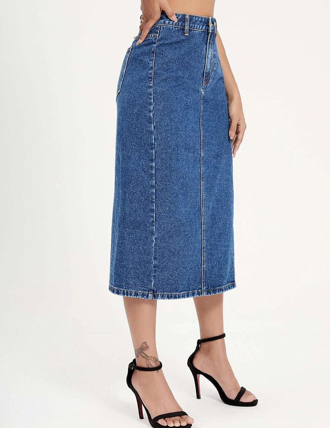 Kotty Slit Hem A-line Denim Midi Skirt