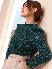 Kotty Polka Dot Print Puff Sleeve Ruffles Crepe Top