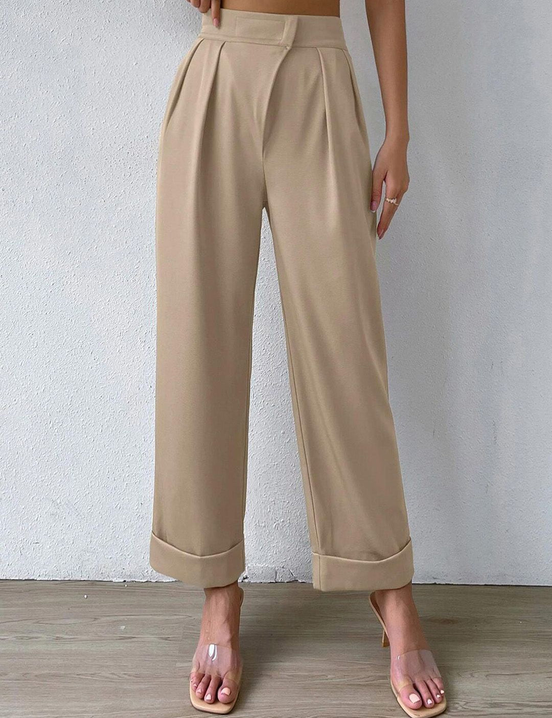 Kotty Women Beige Relaxed Straight Fit High-Rise Easy Wash Pleated Trousers