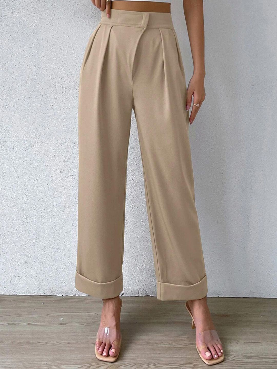 Kotty Women Beige Relaxed Straight Fit High-Rise Easy Wash Pleated Trousers