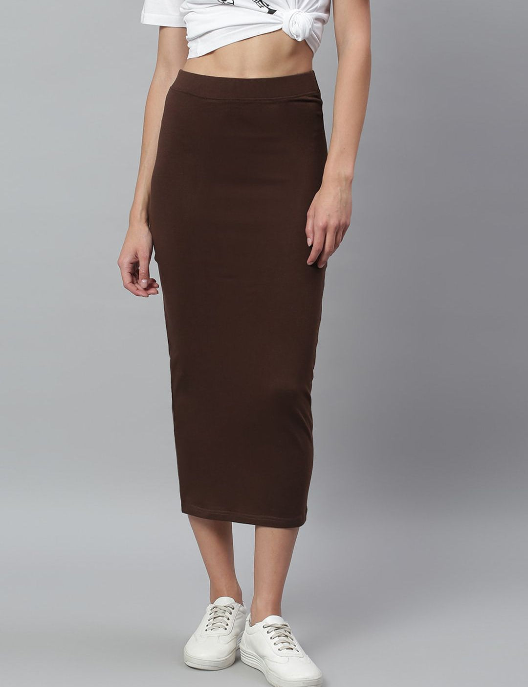Kotty Women Brown Solid Pencil Midi Skirt