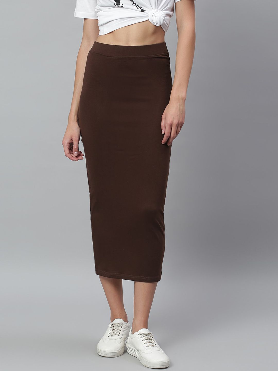 Kotty Women Brown Solid Pencil Midi Skirt