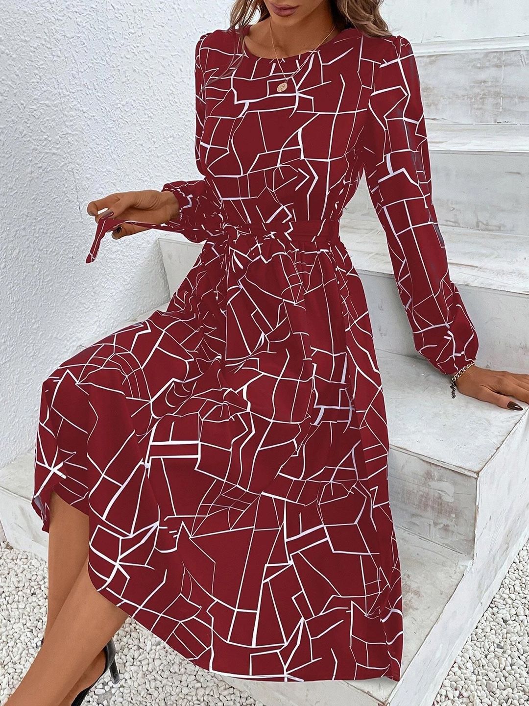 Kotty Maroon Abstract Printed Fit & Flare Midi Dress