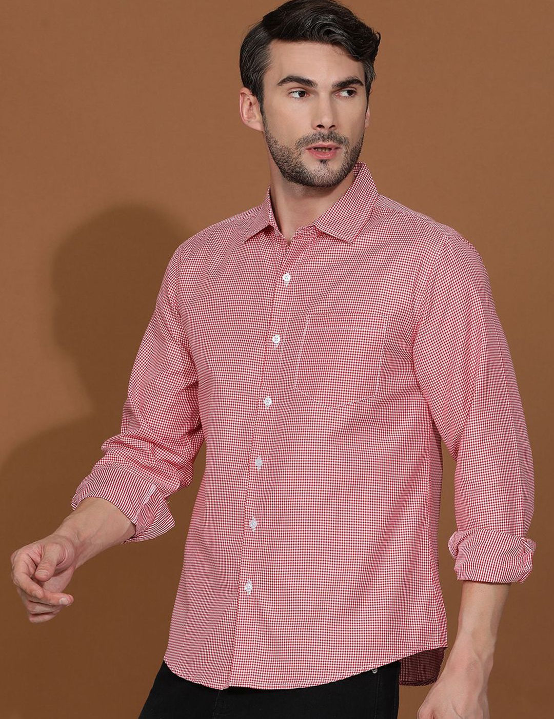 Kotty Red & White New Micro Checks Spread Collar Casual Shirt