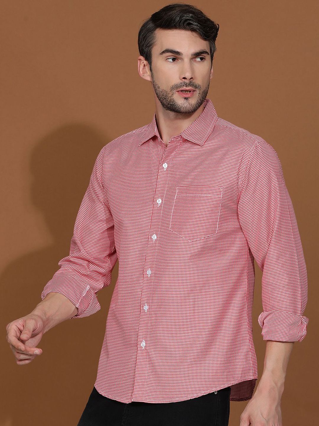 Kotty Red & White New Micro Checks Spread Collar Casual Shirt