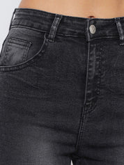 Kotty Women Black Jean Straight Fit Slash Knee Light Fade Stretchable Jeans