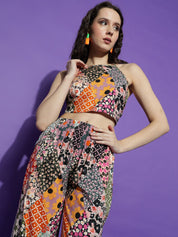 Kotty Pink Floral Printed Halter Neck Sleeveless Crop Top & Palazzo 
