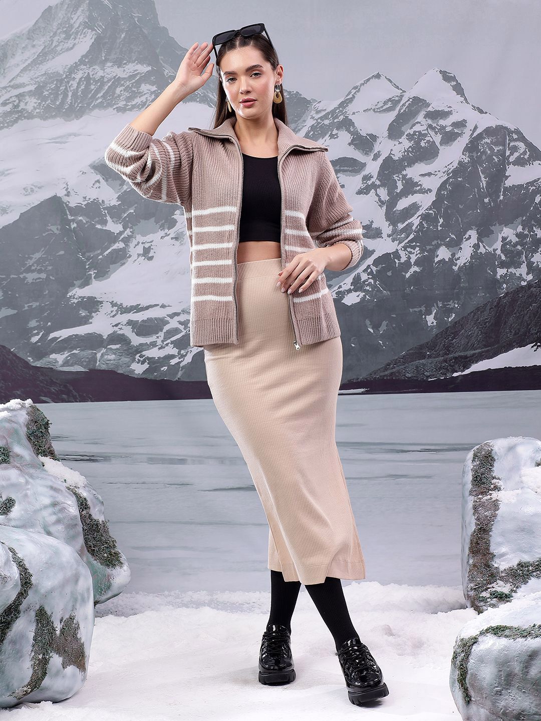 Kotty Women Striped Shirt Collar Cardigan Sweater with Zip Detail 