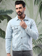 Kotty Men Solid Spread Collar Insulator Pure Cotton Denim Jacket