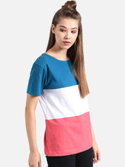 Kotty Women White & Blue Colourblocked V-Neck T-shirt