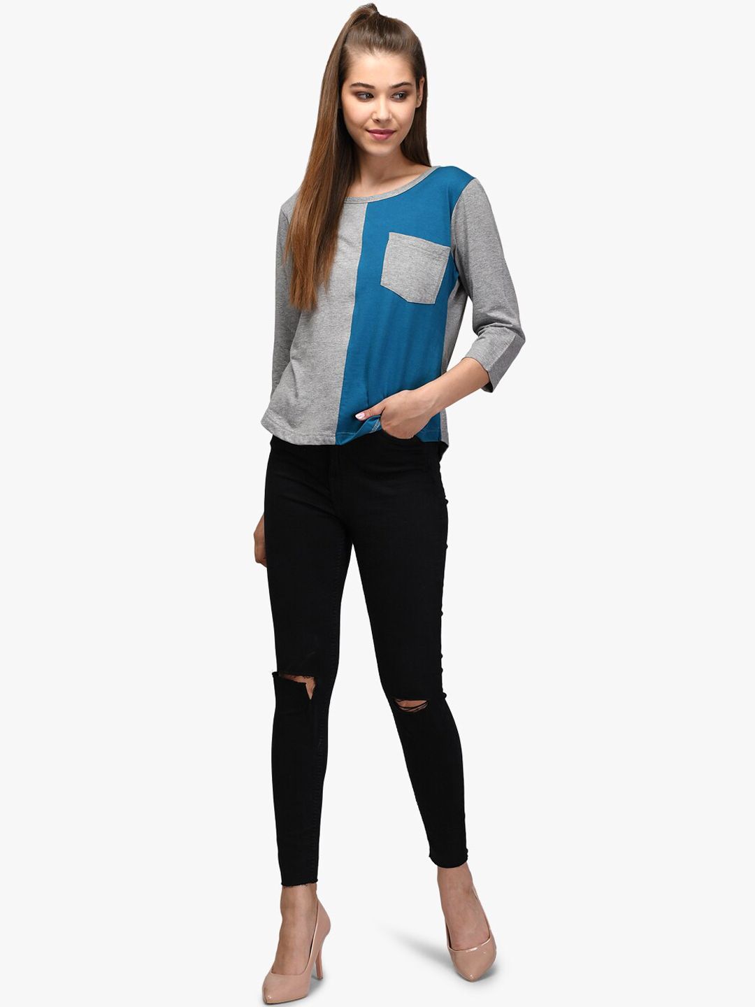 Kotty Women Blue & Grey Colourblocked Round Neck T-shirt
