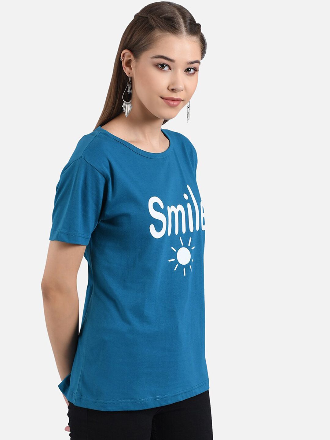 Kotty Women Blue Printed Round Neck T-shirt