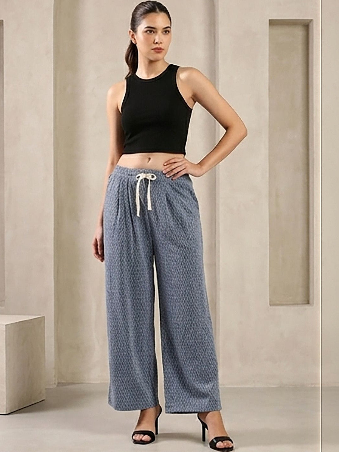 Blue Regular Fit Mid-Rise Trousers for Women | Kotty