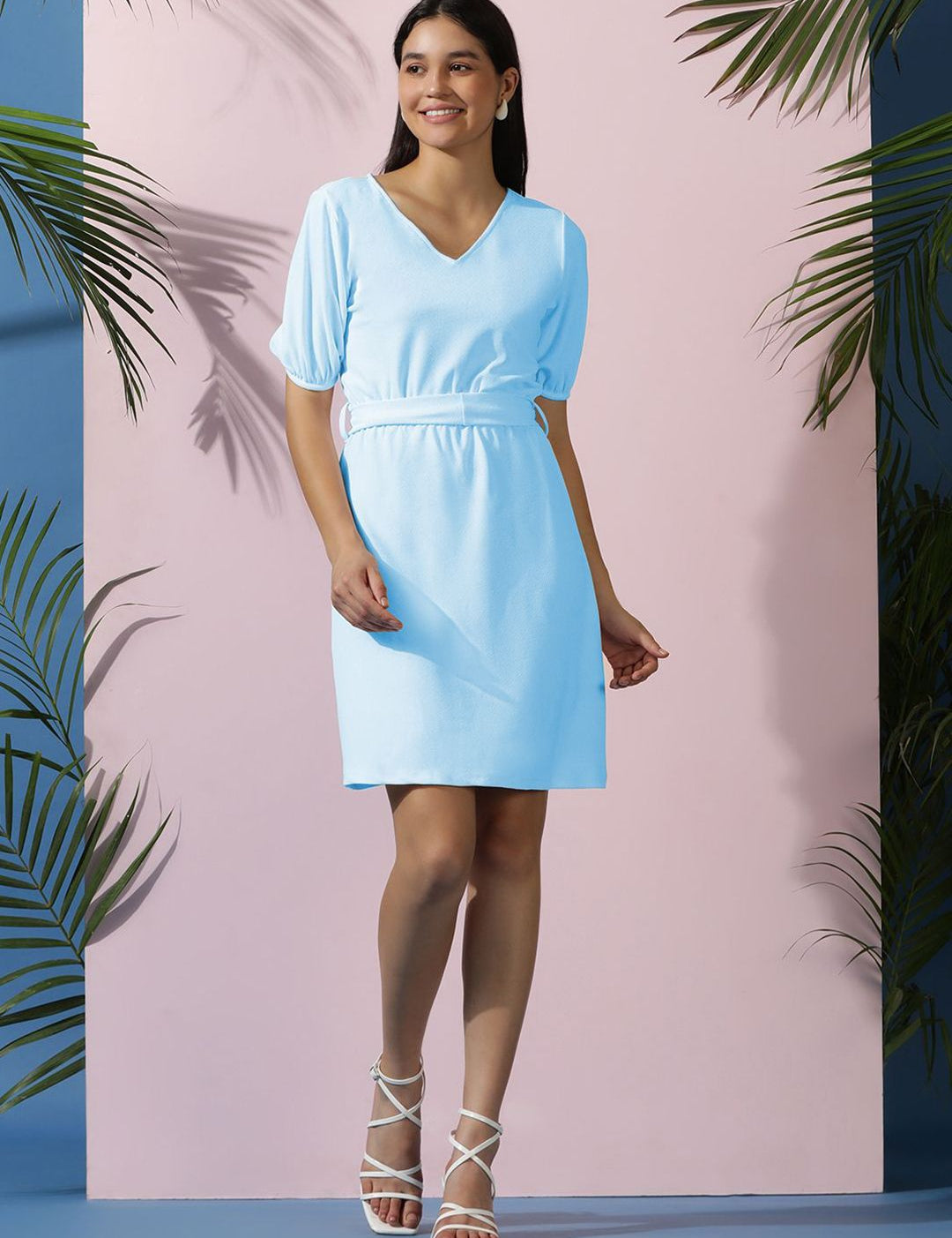 Kotty Women Solid Puff Sleeve A-Line Dress