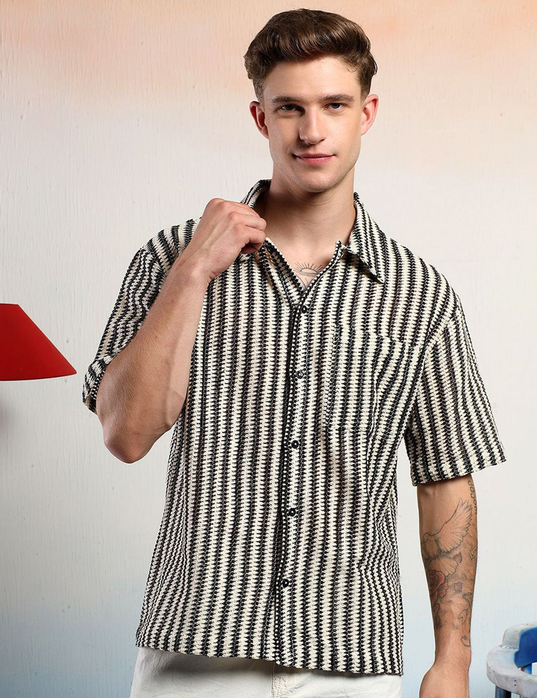 Kotty Men Sheer Striped Casual Shirt