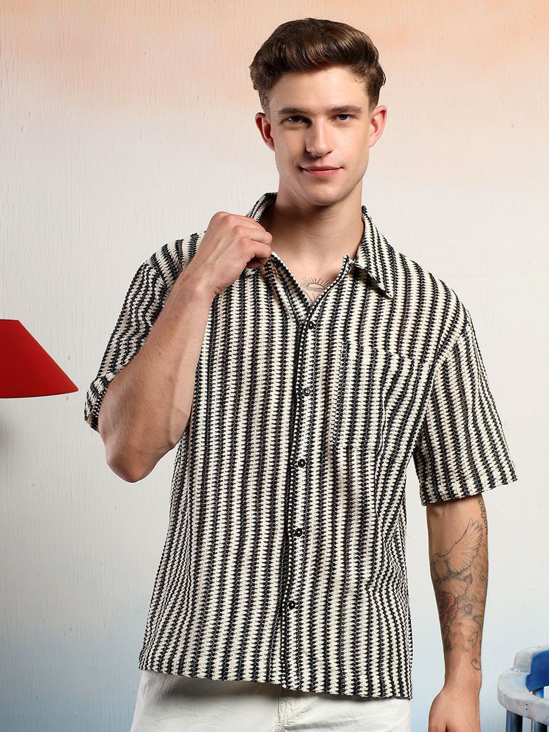 Kotty Men Sheer Striped Casual Shirt