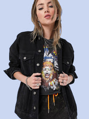 Kotty Women Spread Collar Solid Cotton Casual Denim Jacket