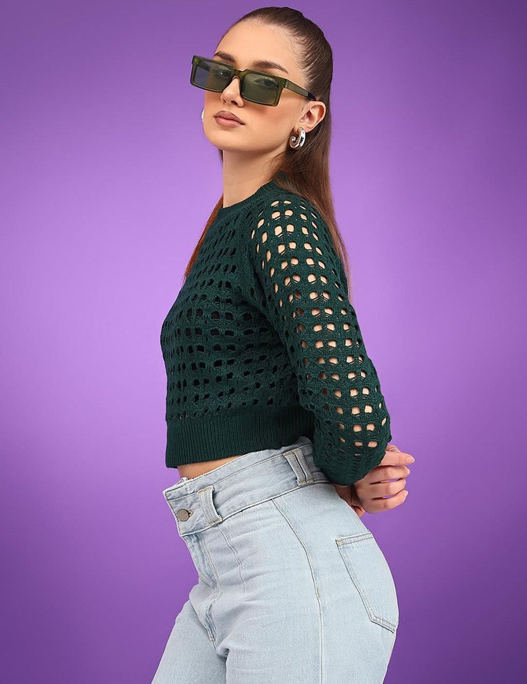 Kotty Women Cotton Self Design Open Knit Crop Pullover Sweaters