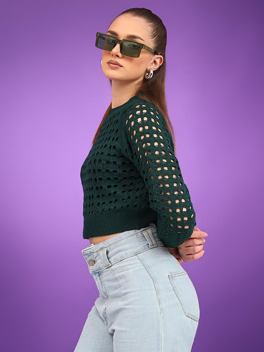 Kotty Women Cotton Self Design Open Knit Crop Pullover Sweaters