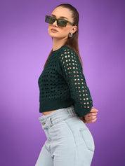 Kotty Women Cotton Self Design Open Knit Crop Pullover Sweaters