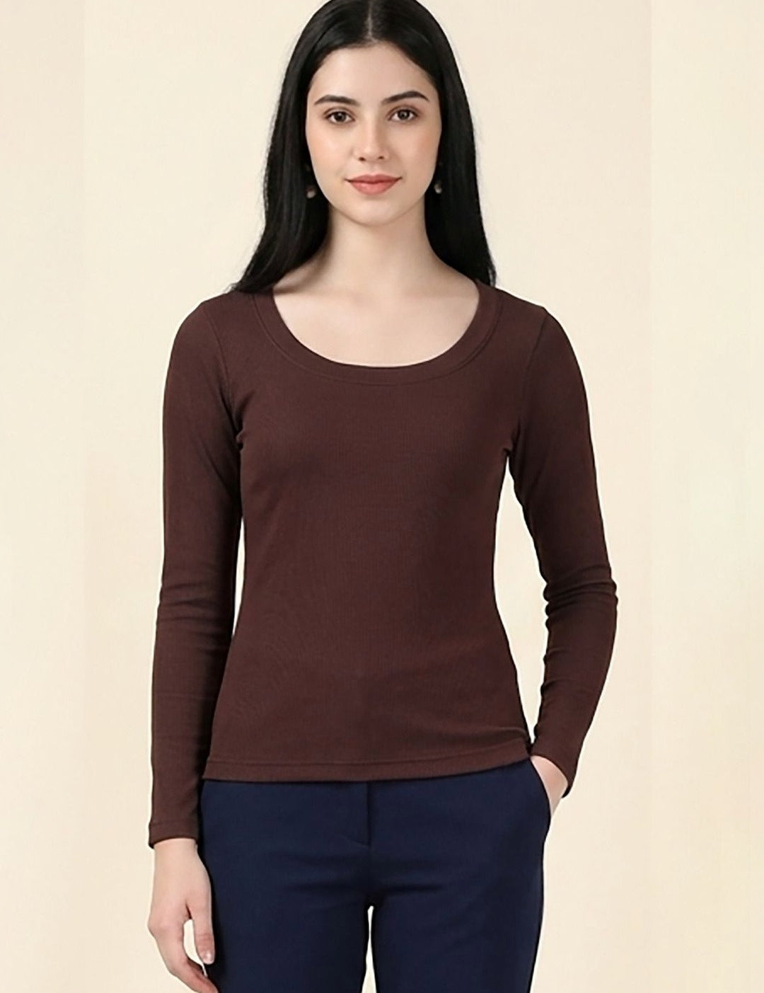 Kotty Top Caramel Brown Women's Scoop Long-Sleeve Fashion