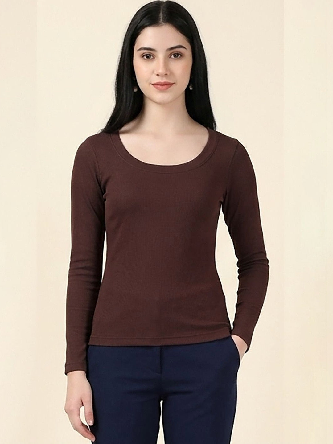 Kotty Top Caramel Brown Women's Scoop Long-Sleeve Fashion