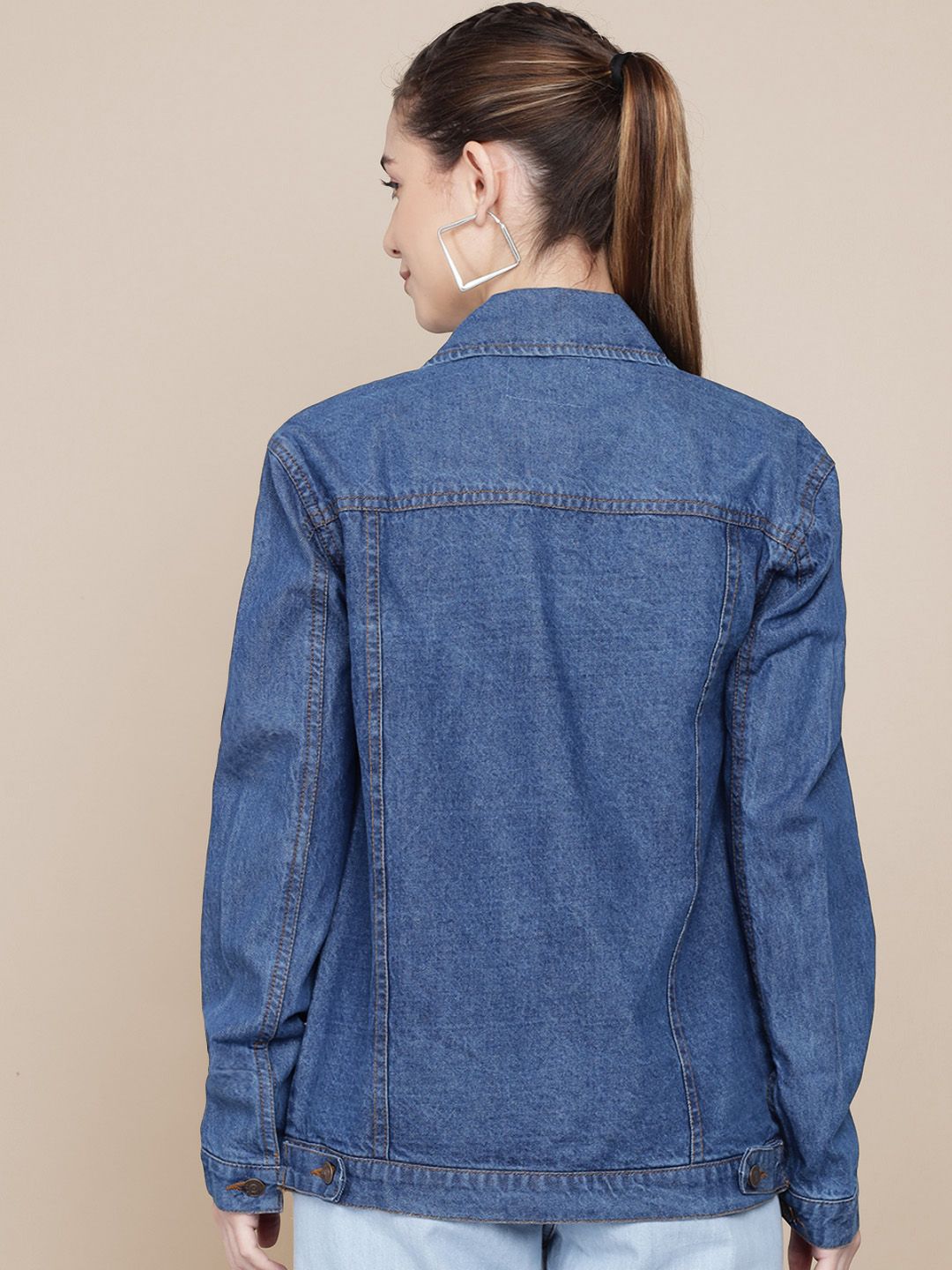 Kotty Women Spread Collar Solid Cotton Casual Denim Jacket