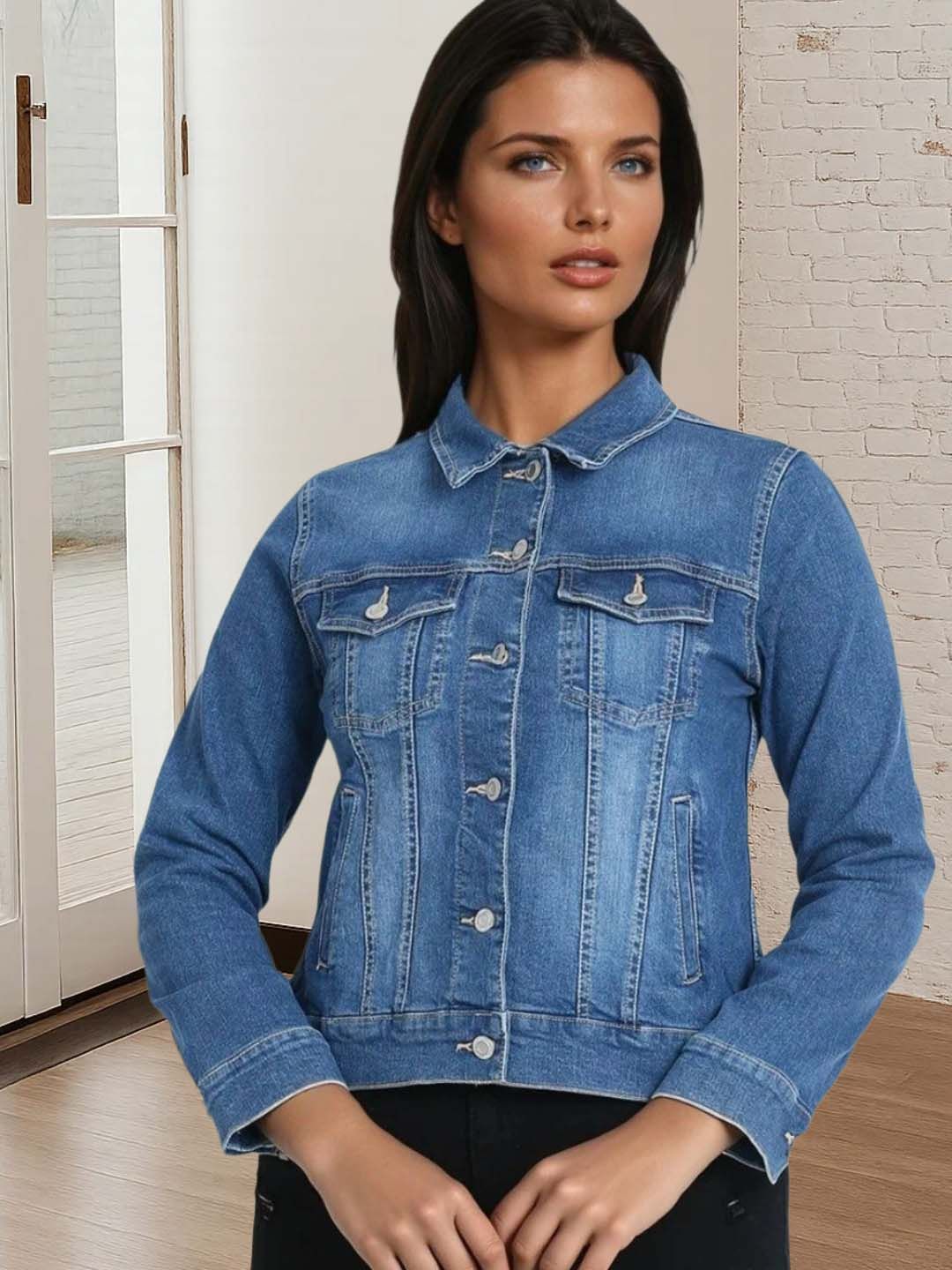 Kotty Women Spread Collar Solid Denim Jacket