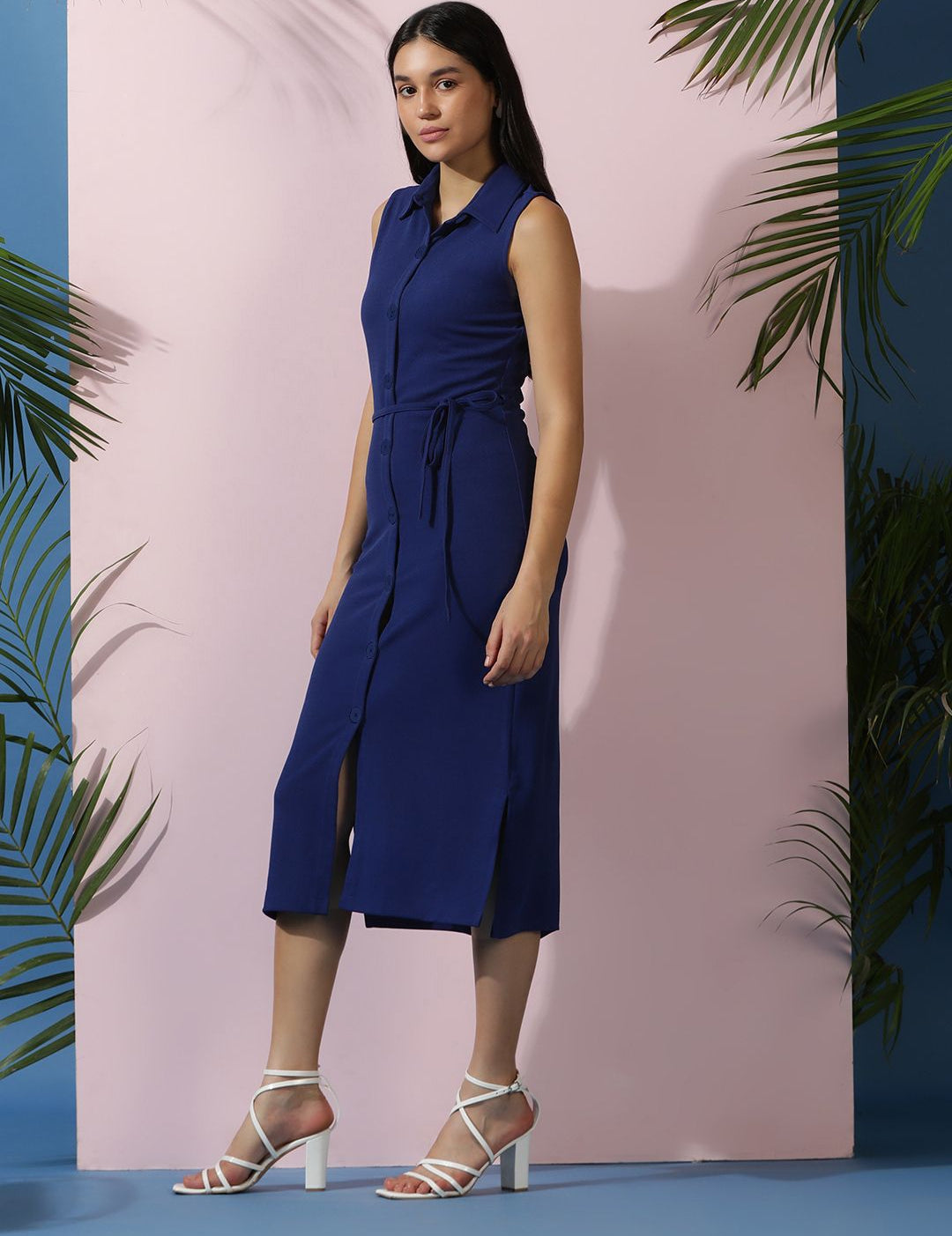 Kotty Solid Shirt Collar A-Line Midi Dress