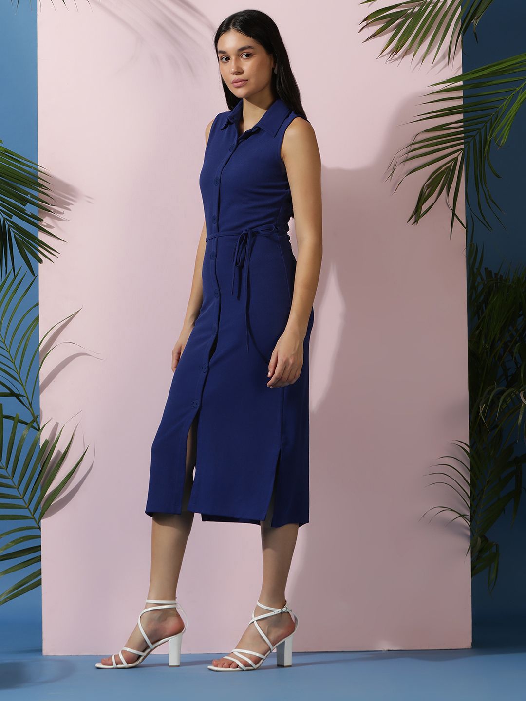 Kotty Solid Shirt Collar A-Line Midi Dress