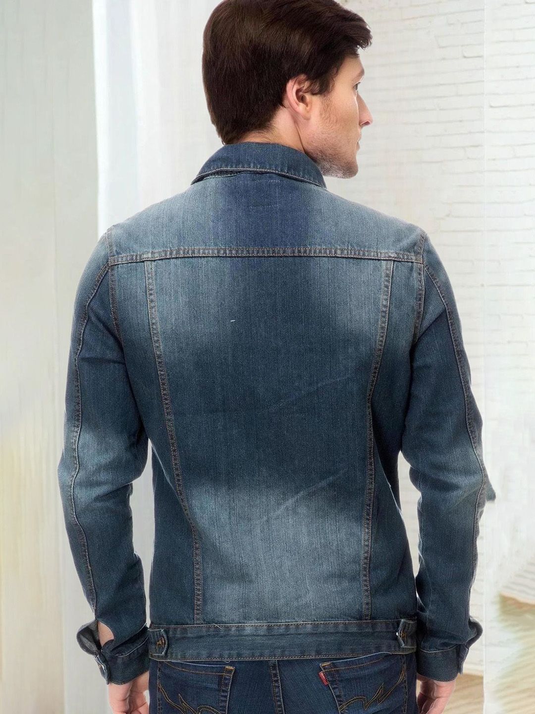 Kotty Men Spread Collar Solid Denim Jacket