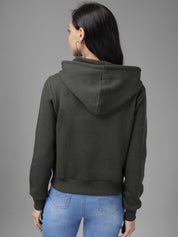 Kotty Women Olive Green Solid Hooded Sweatshirt