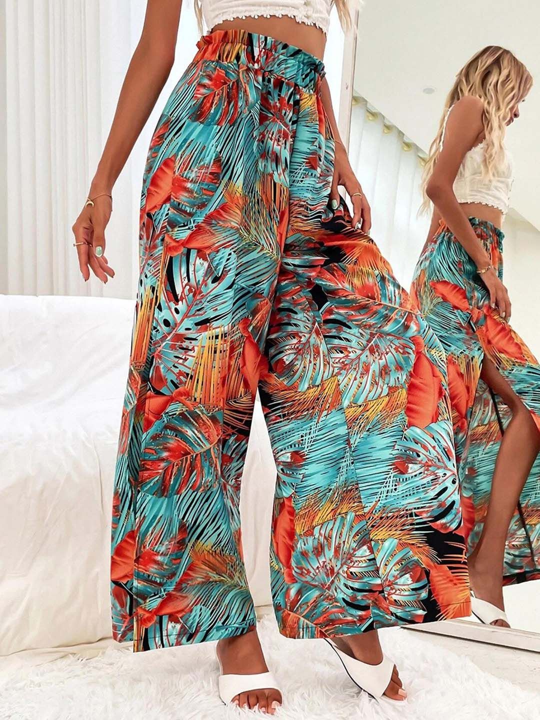 Kotty Women Teal Floral Printed Relaxed Flared High-Rise Easy Wash Pleated Trousers