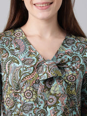 Kotty Blue & Green Ethnic Motifs Printed Tie-Up Neck Flared Sleeves A-Line Dress