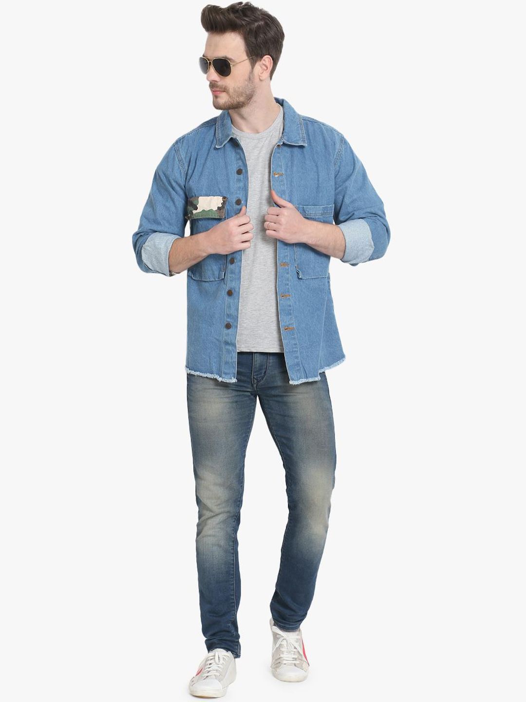 Kotty Men Blue & Green Camouflage Printed Denim Jacket