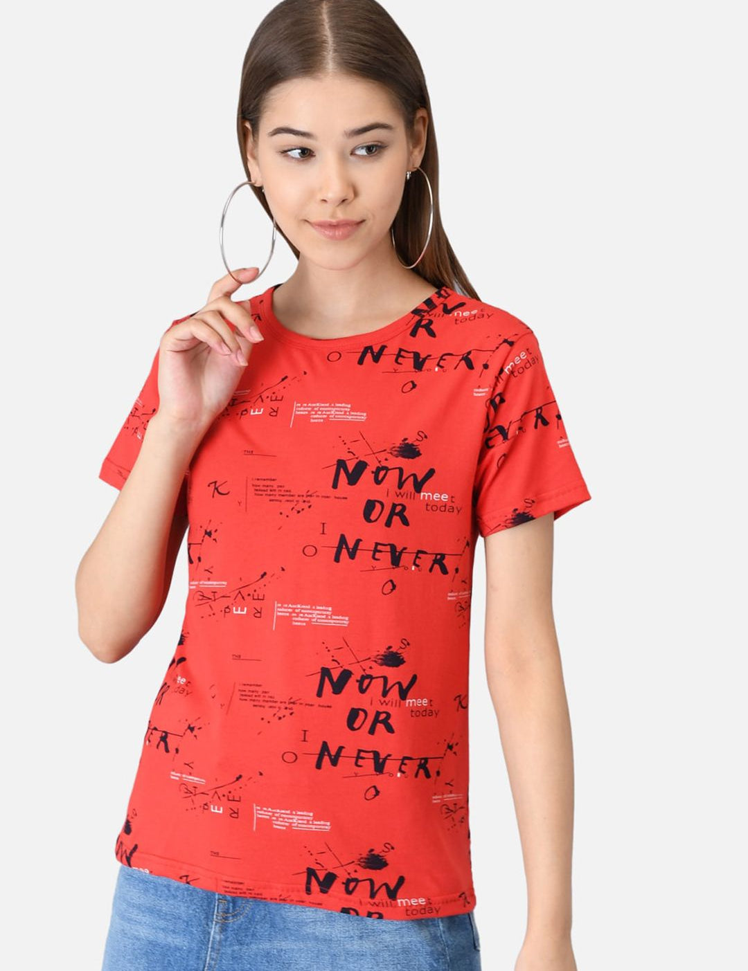 Kotty Women Pack of 2 Peach-Coloured & Red Printed Round Neck T-shirts