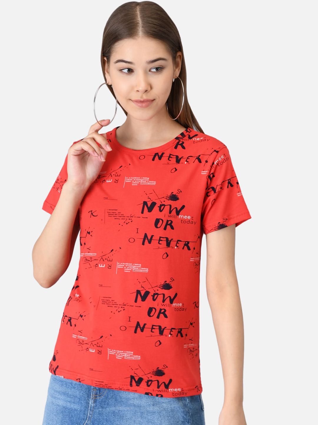 Kotty Women Pack of 2 Peach-Coloured & Red Printed Round Neck T-shirts
